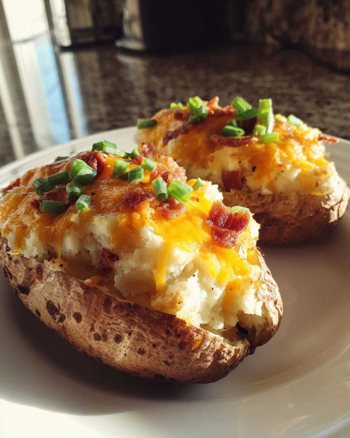 Two perfectly prepared twice baked potatoes topped with melted cheddar cheese, bacon bits, and fresh chives.