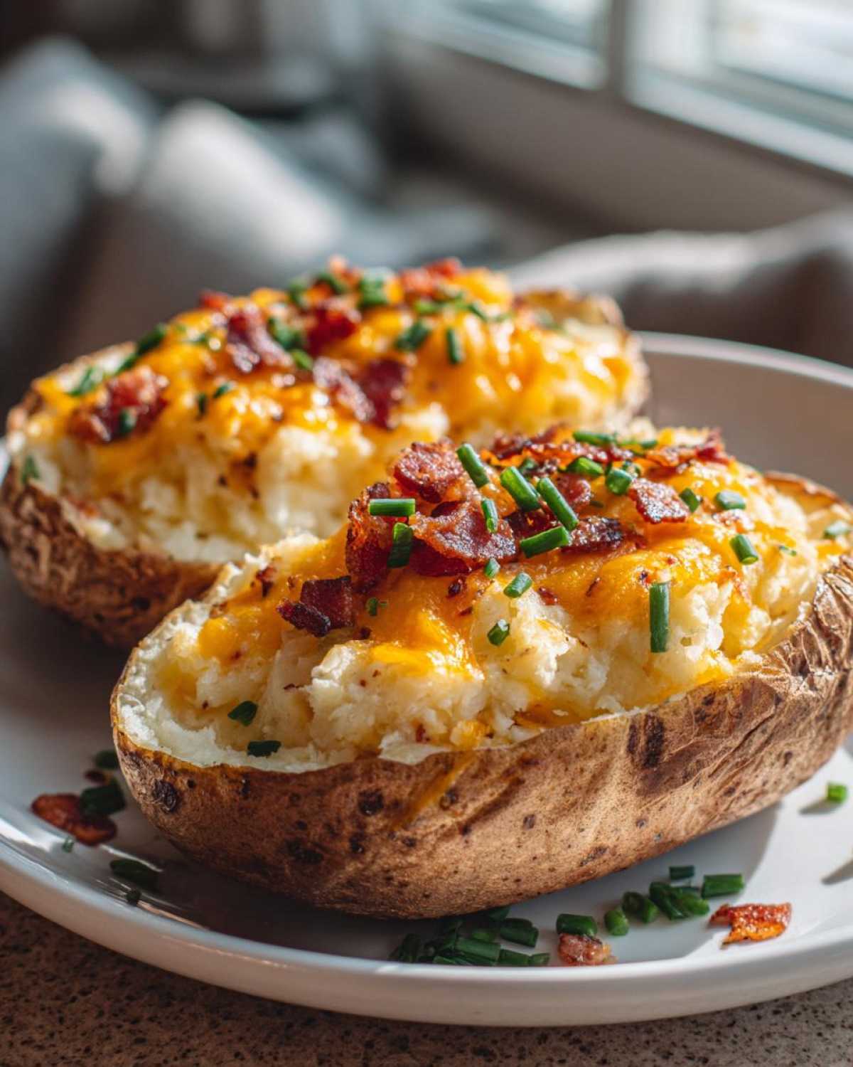 Two perfectly cooked twice baked potatoes loaded with melted cheddar cheese, bacon bits, and fresh chives.