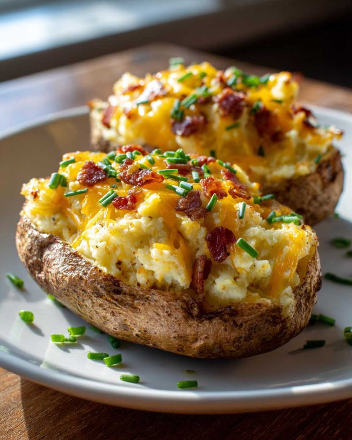 Two perfectly prepared twice baked potatoes loaded with melted cheddar cheese, bacon bits, and fresh chives.
