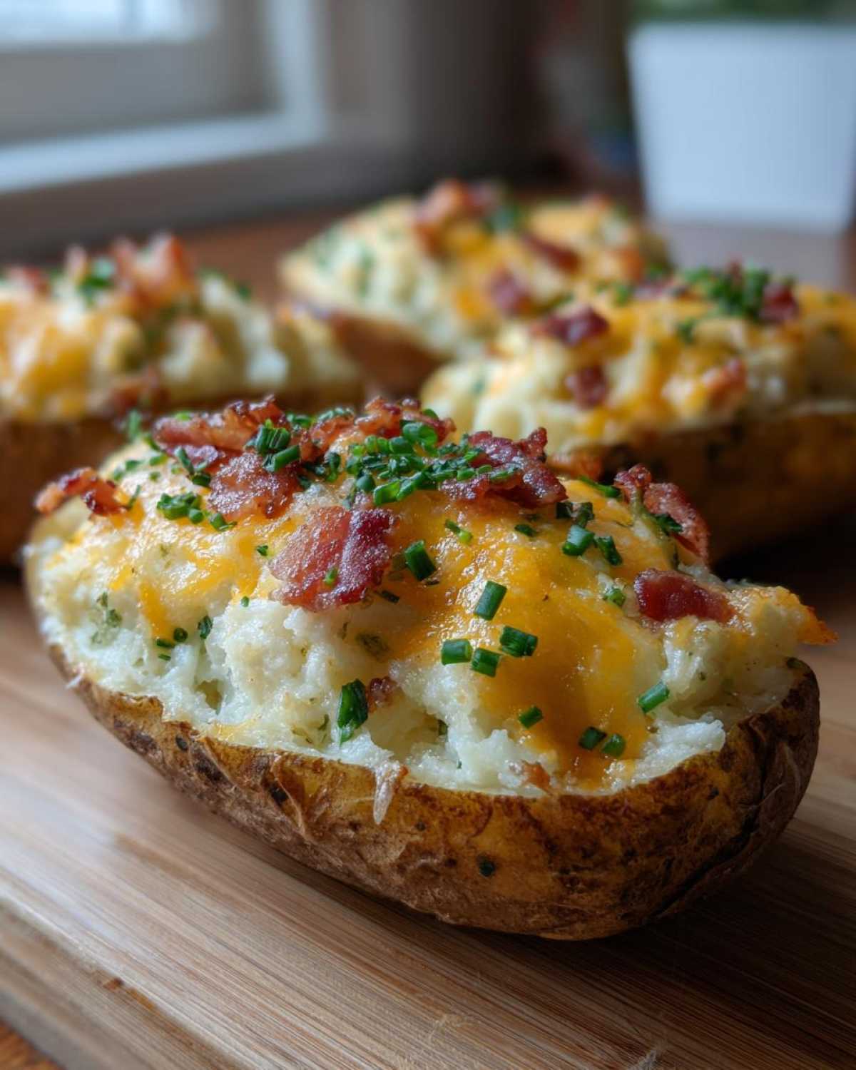 A close-up of a delicious twice-baked potato, stuffed with fluffy filling, melted cheddar cheese, bacon bits, and chives.