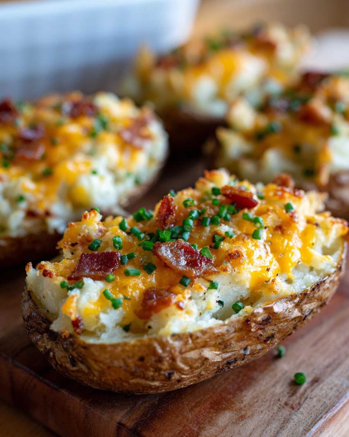 A close-up of a perfectly baked twice-baked potato loaded with melted cheddar cheese, bacon bits, and fresh chives.