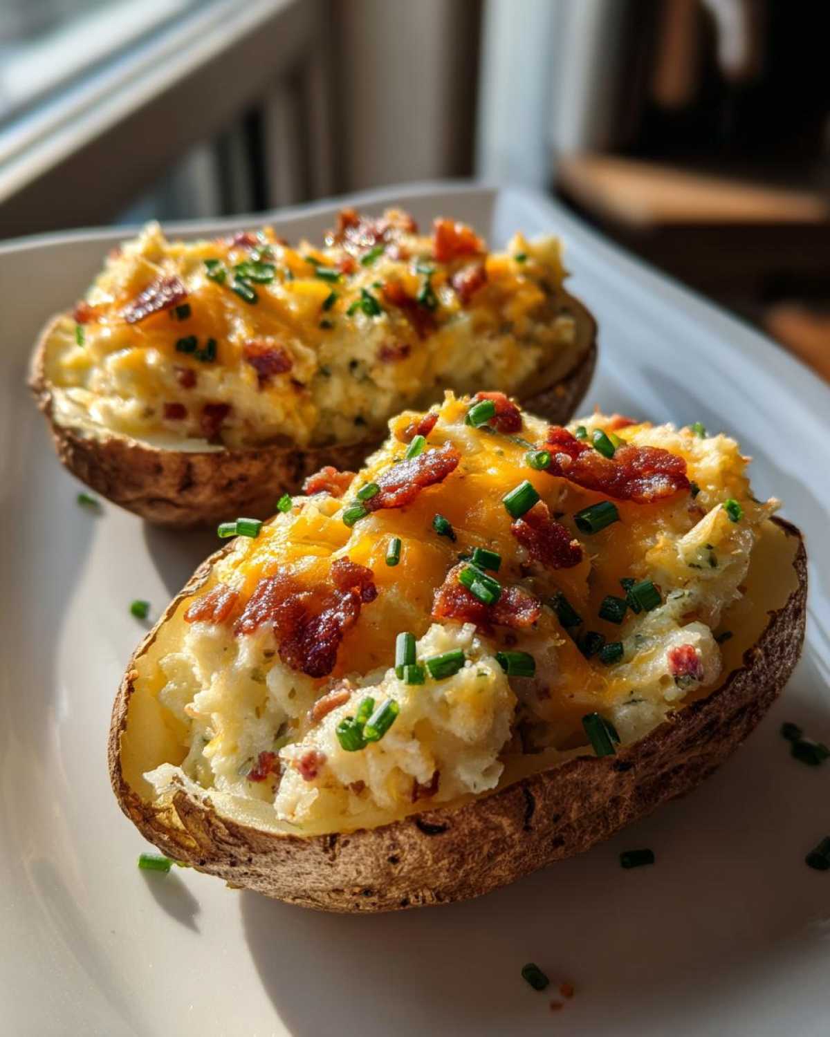 Two perfectly prepared twice baked potatoes topped with melted cheddar cheese, bacon bits, and fresh chives.
