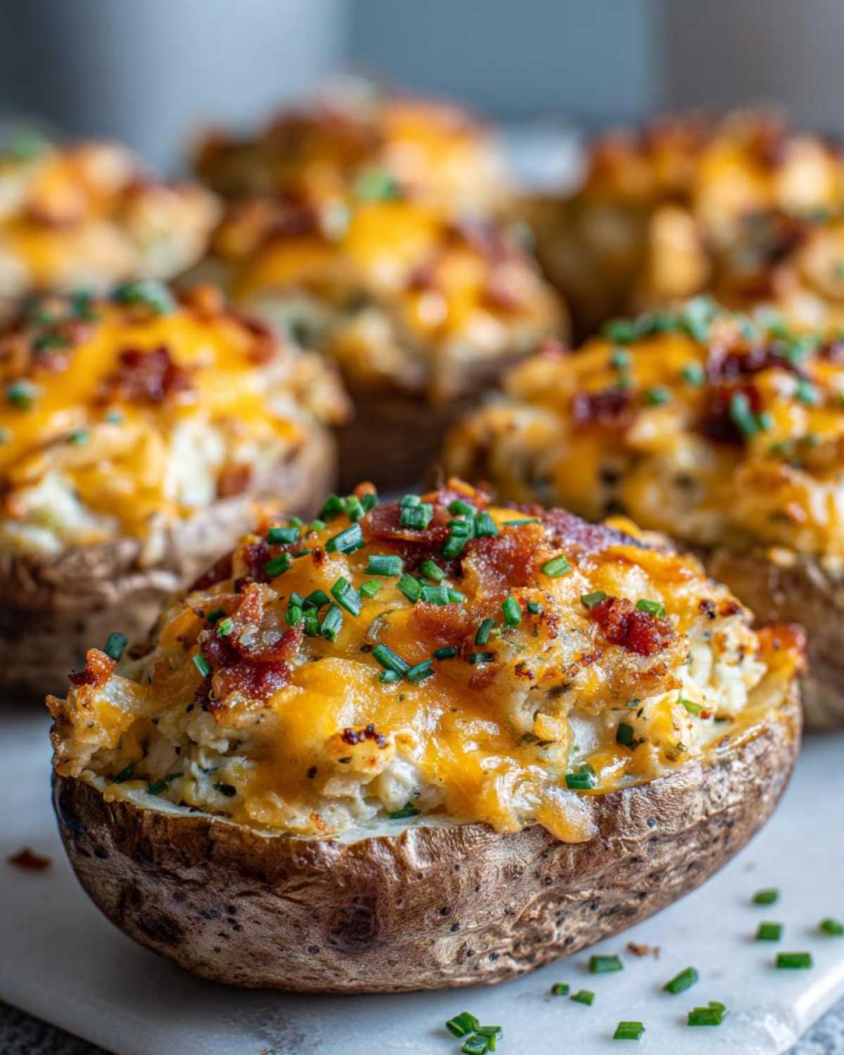 Close-up of a perfectly stuffed twice-baked potato topped with melted cheddar cheese, bacon bits, and fresh chives.