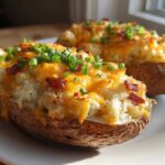Two perfectly prepared twice baked potatoes loaded with melted cheddar cheese, bacon bits, and fresh chives.