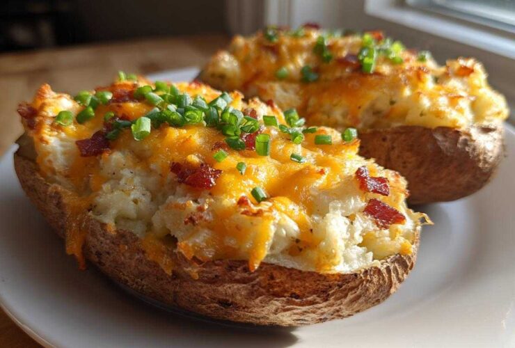 Two perfectly prepared twice baked potatoes loaded with melted cheddar cheese, bacon bits, and fresh chives.