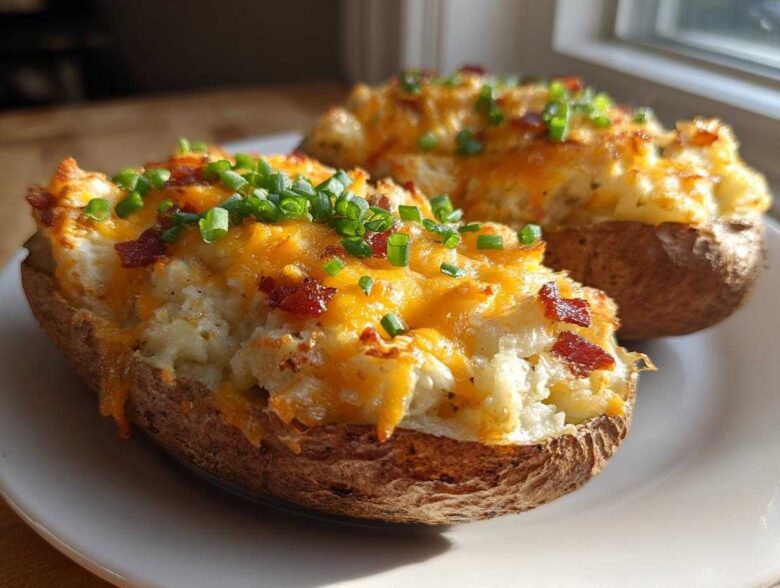 Two perfectly prepared twice baked potatoes loaded with melted cheddar cheese, bacon bits, and fresh chives.