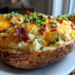 Close-up of a perfectly prepared twice-baked potatoes loaded with melted cheddar, bacon bits, and chives.