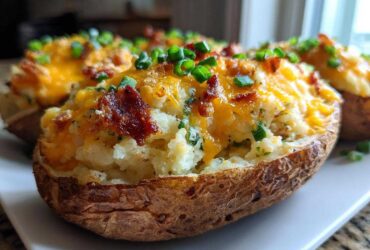Close-up of a perfectly prepared twice-baked potatoes loaded with melted cheddar, bacon bits, and chives.