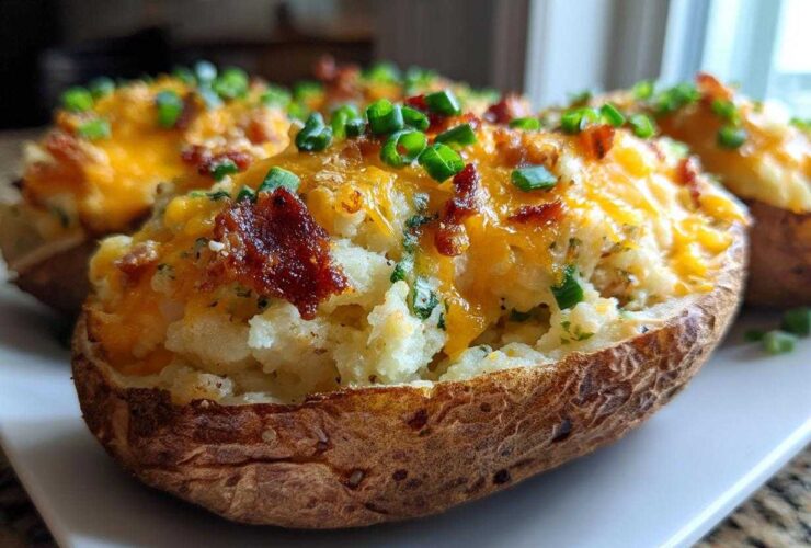 Close-up of a perfectly prepared twice-baked potatoes loaded with melted cheddar, bacon bits, and chives.