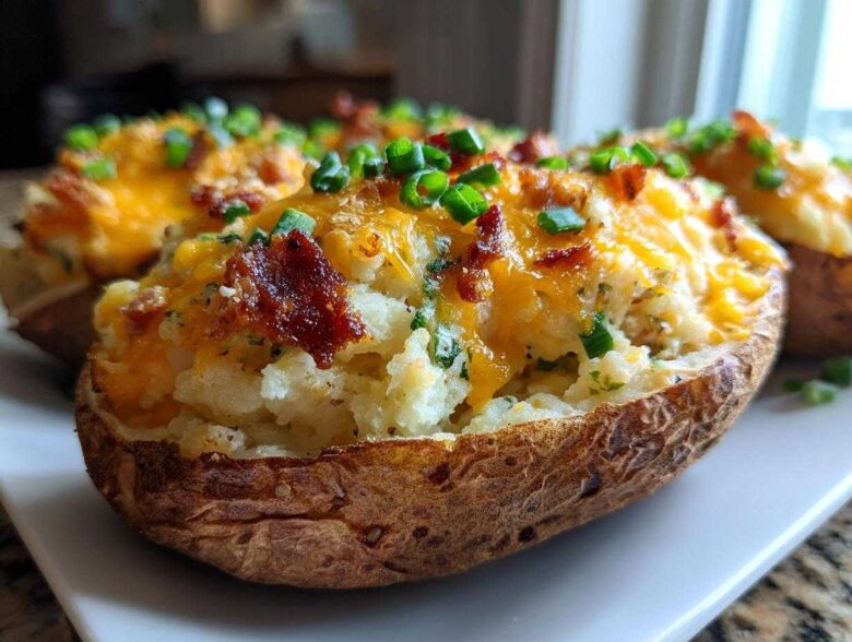 Close-up of a perfectly prepared twice-baked potatoes loaded with melted cheddar, bacon bits, and chives.