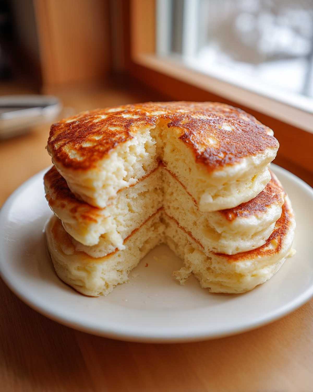 Close-up of a stack of four incredibly fluffy pancakes, showing the airy interior texture, with a piece removed.