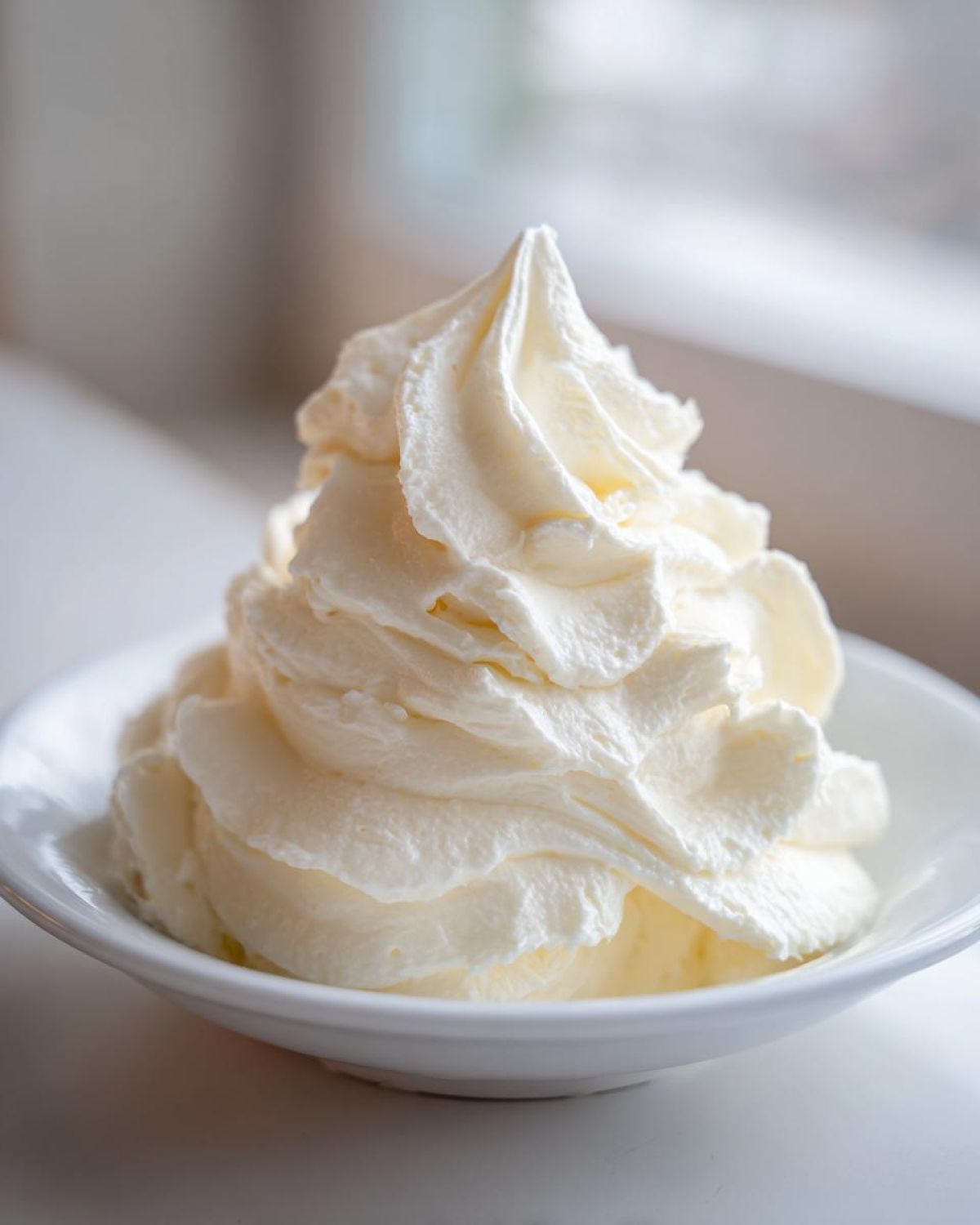 A close-up of a tall swirl of fluffy, white vanilla buttercream frosting served in a small white bowl.
