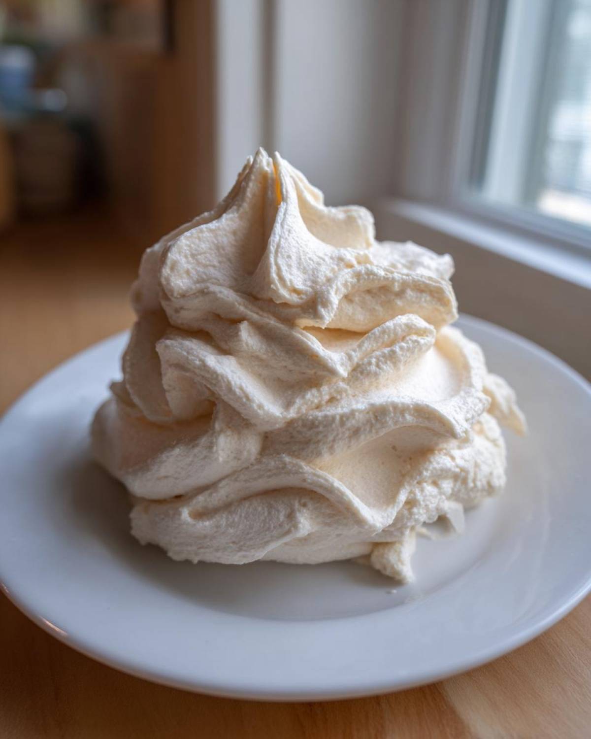 A beautiful mound of fluffy, piped vanilla buttercream frosting sitting on a white plate.