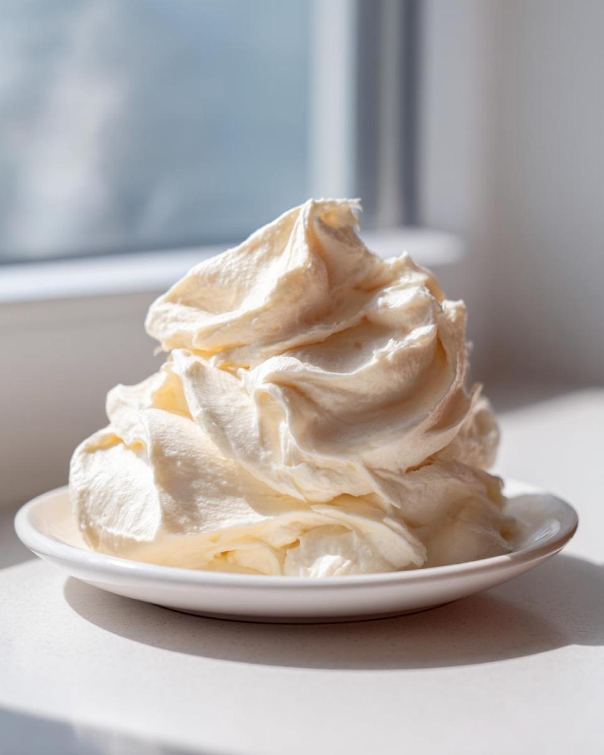 A large, perfectly piped swirl of rich vanilla buttercream frosting resting on a small white saucer near a window.