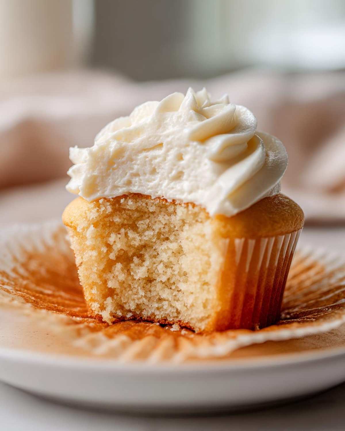 A vanilla cupcake with a bite taken out, showing its soft crumb and white buttercream frosting.