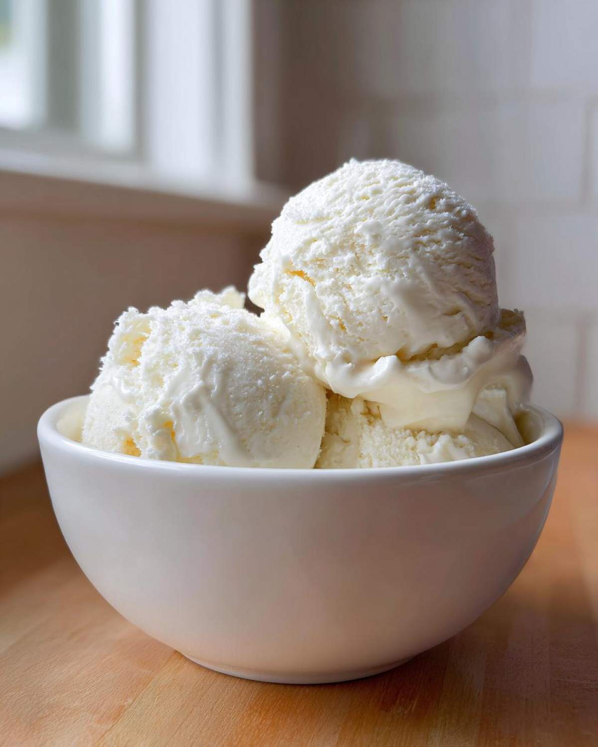 Three scoops of creamy vanilla protein ice cream melting slightly in a white bowl on a wooden surface.