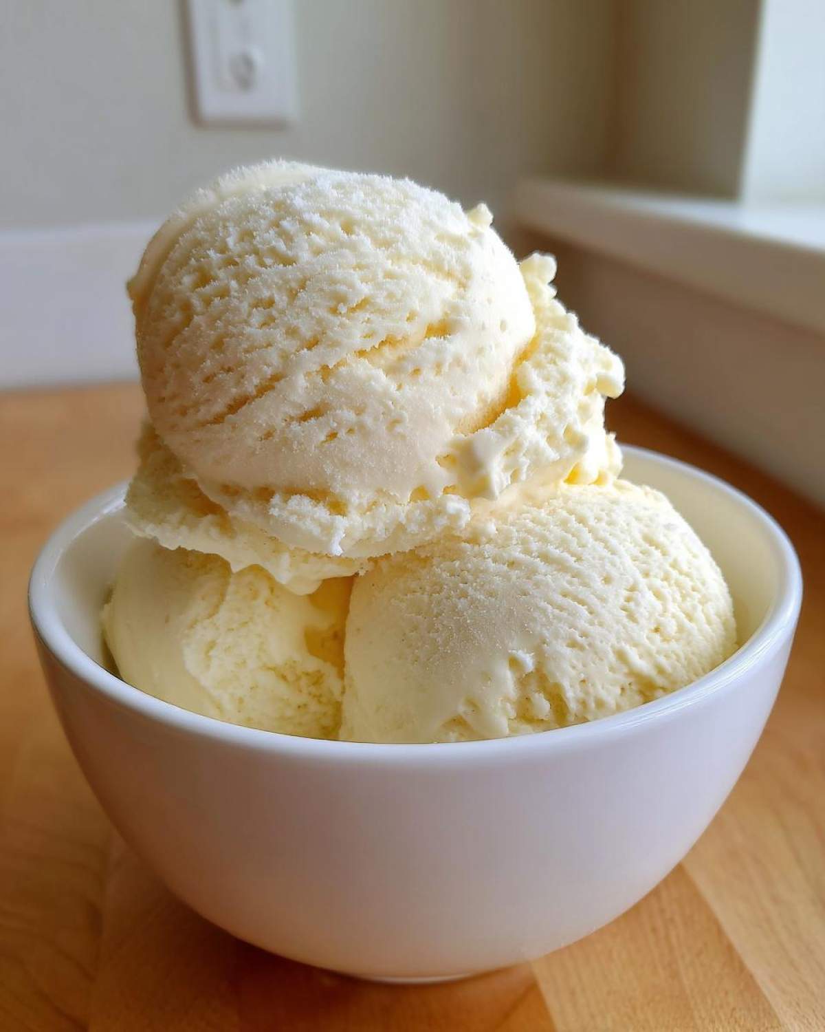 Three scoops of creamy vanilla protein ice cream piled high in a white bowl on a wooden surface.