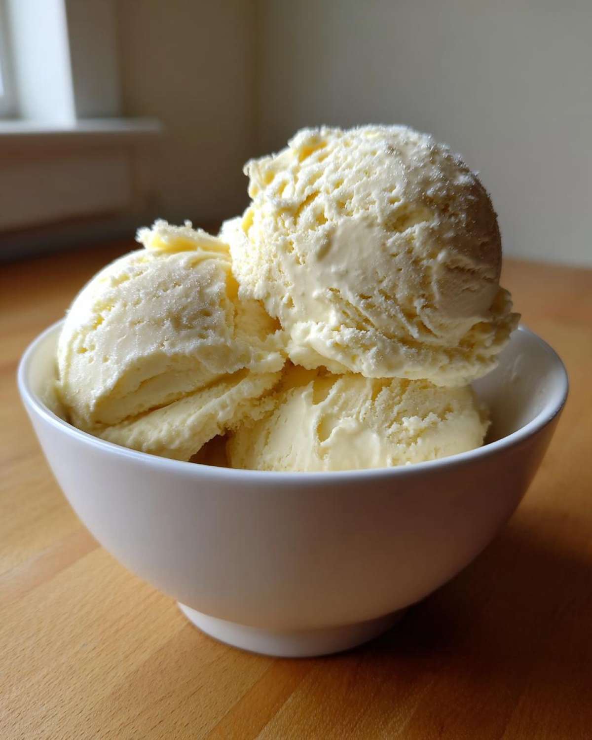 Three scoops of creamy, pale yellow protein ice cream served in a white bowl on a wooden surface.