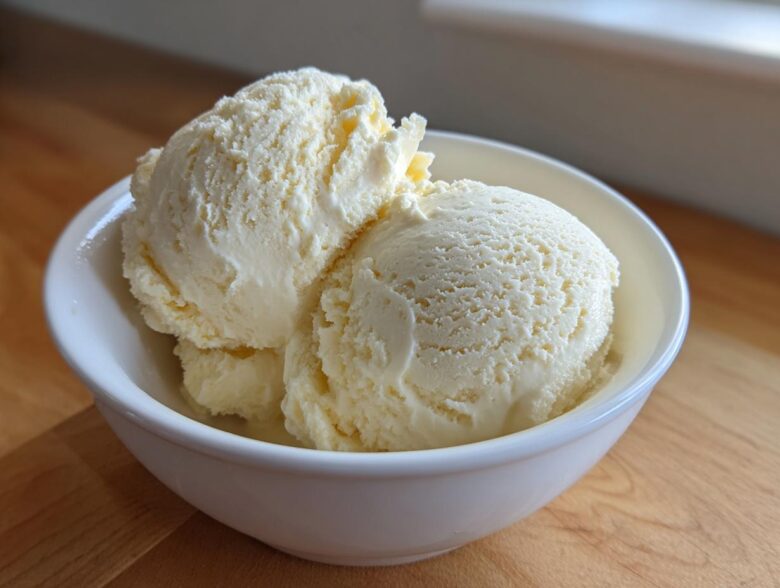 Three scoops of creamy, light yellow protein ice cream served in a small white bowl.