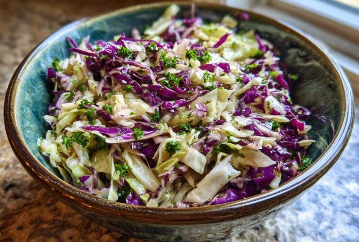 A close-up of a vibrant cabbage salad made with shredded red and green cabbage, topped with fresh parsley.
