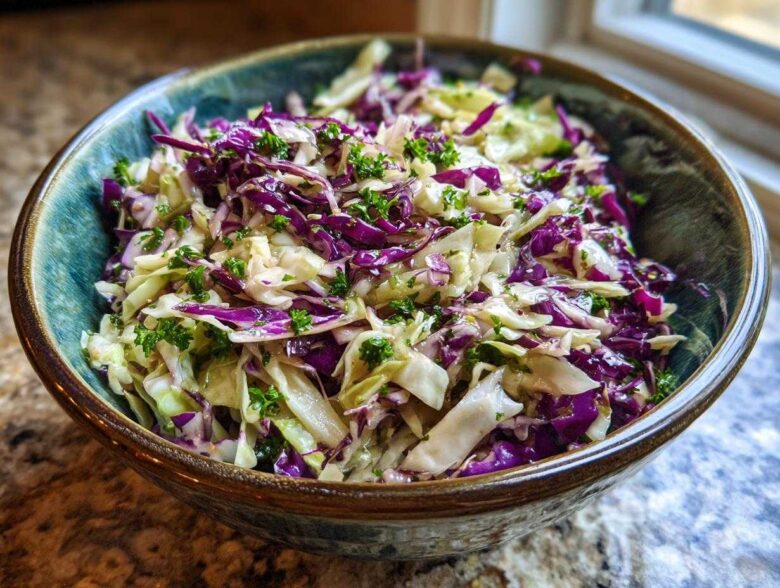 A close-up of a vibrant cabbage salad made with shredded red and green cabbage, topped with fresh parsley.