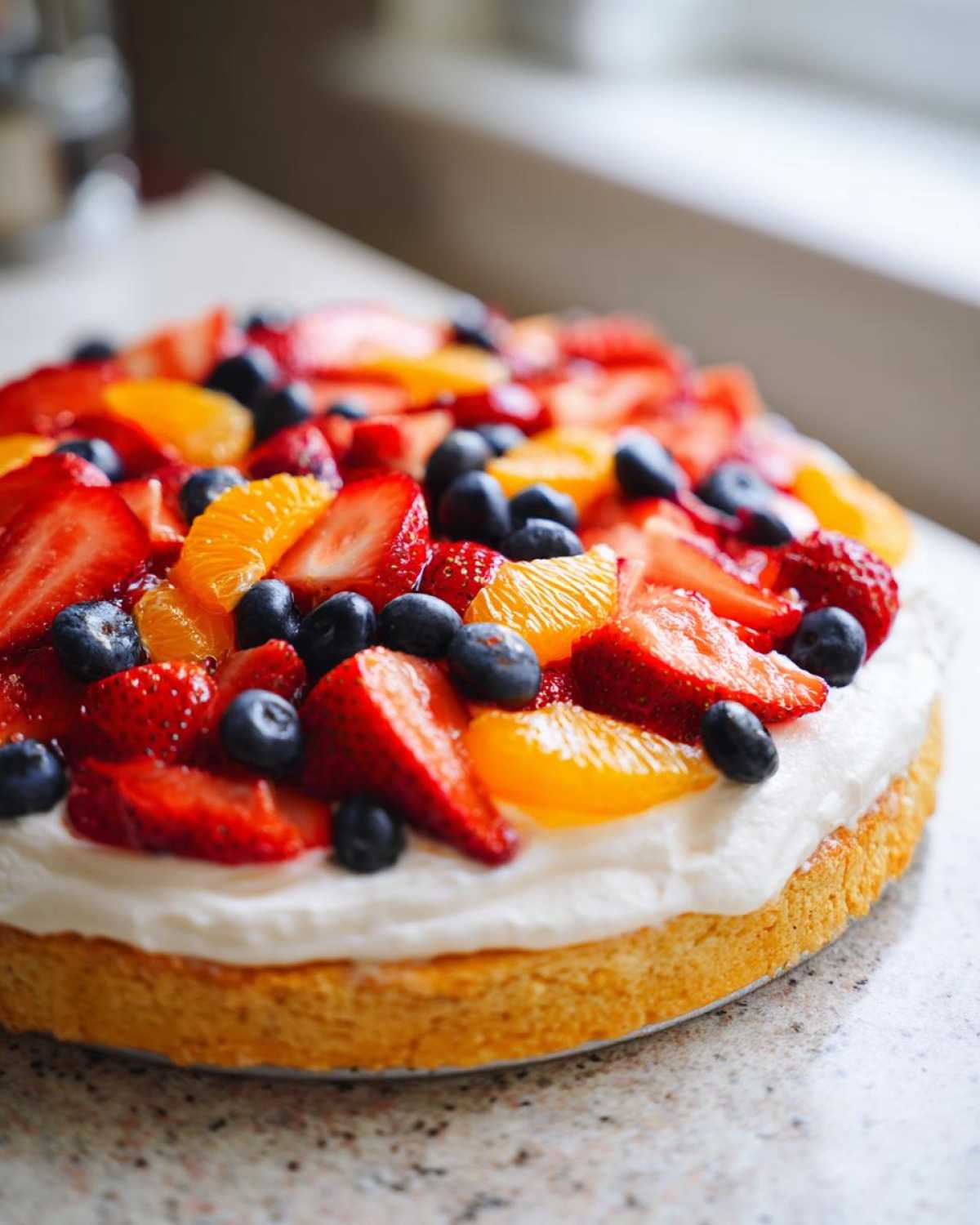 Close-up of a vibrant fruit pizza sugar cookie topped with strawberries, blueberries, and orange segments over cream.