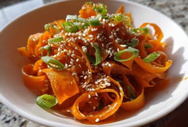 Close-up of a vibrant raw carrot salad featuring shaved carrot ribbons, topped with sesame seeds and sliced green onions.