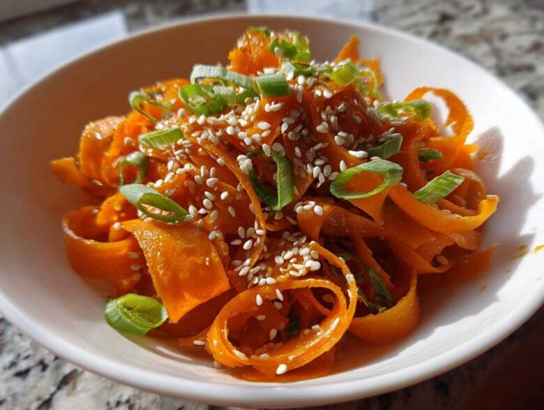 Close-up of a vibrant raw carrot salad featuring shaved carrot ribbons, topped with sesame seeds and sliced green onions.