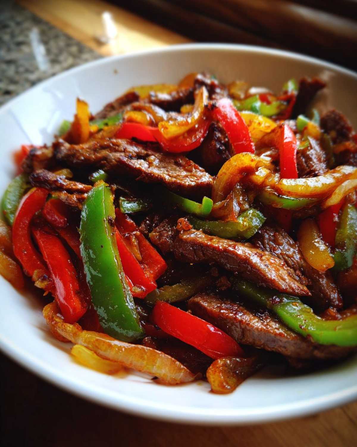 Close-up of sizzling steak fajitas featuring strips of seasoned beef mixed with colorful red, green, and yellow bell peppers and onions.