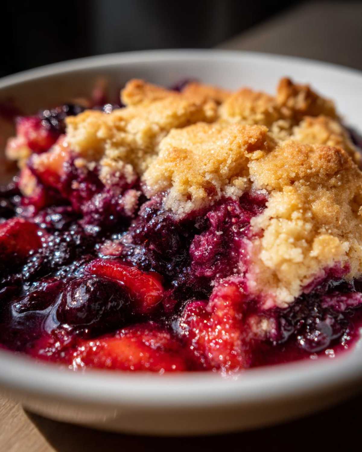 A close-up shot of a warm berry cobbler with a golden, crumbly topping and bubbling, deep purple fruit filling.