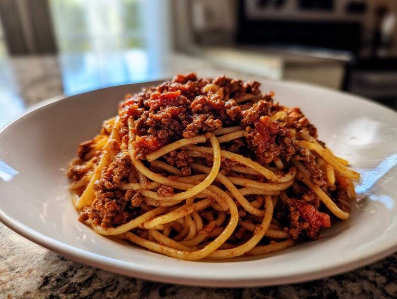 A close-up of spaghetti noodles generously topped with hearty bolognese sauce in a white bowl.