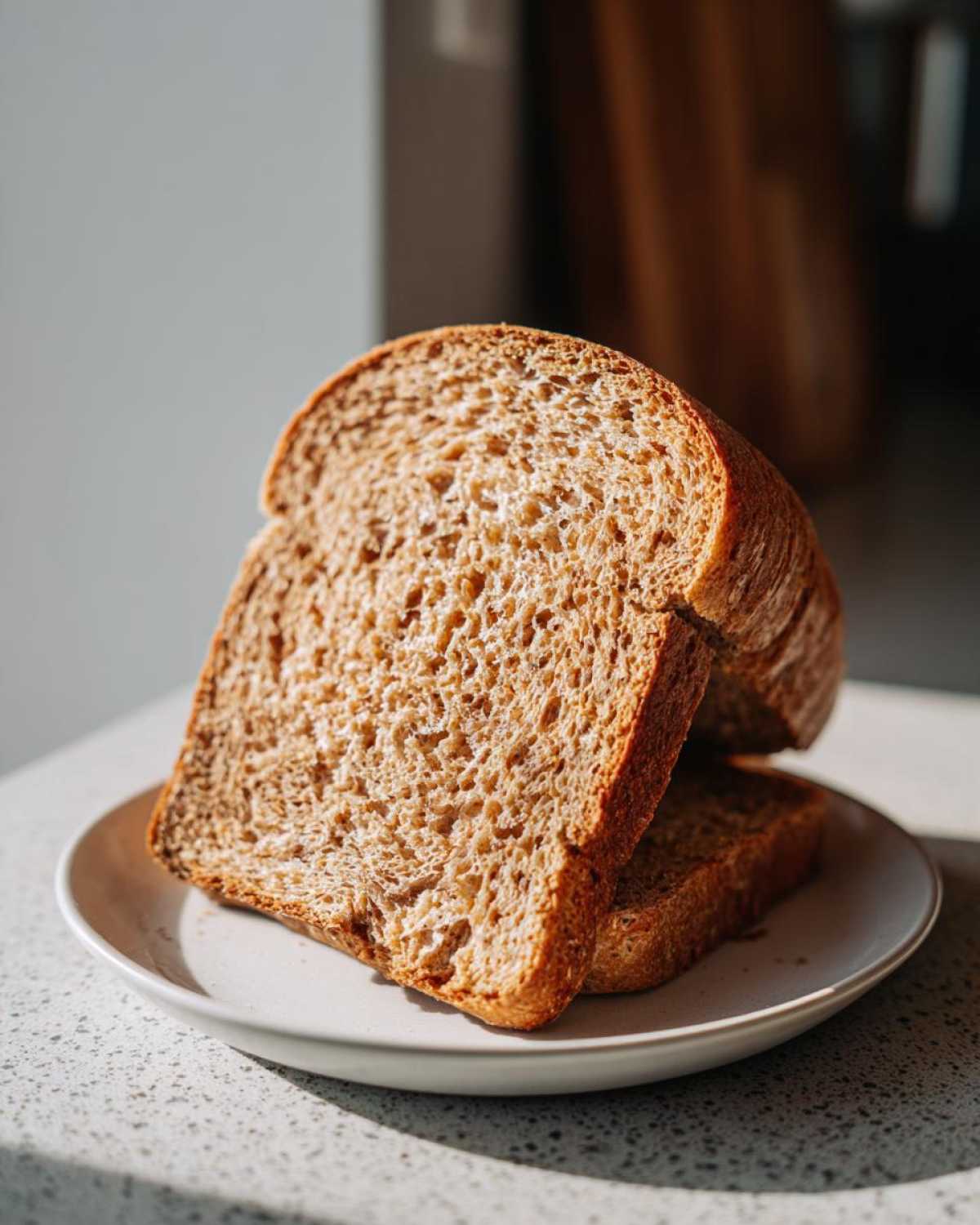 Two thick slices of homemade whole wheat bread stacked on a small white plate, highlighted by sunlight.