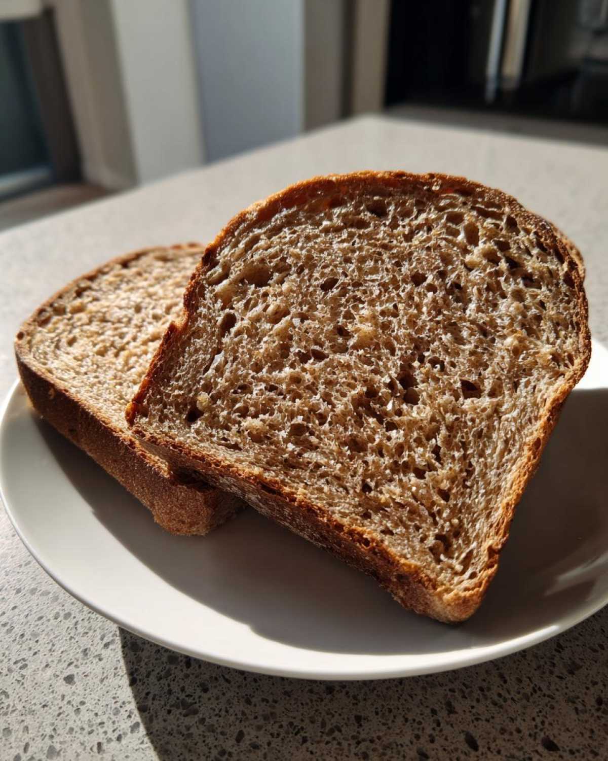 Two slices of freshly baked whole wheat bread showing a dense, brown crumb texture, resting on a white plate.