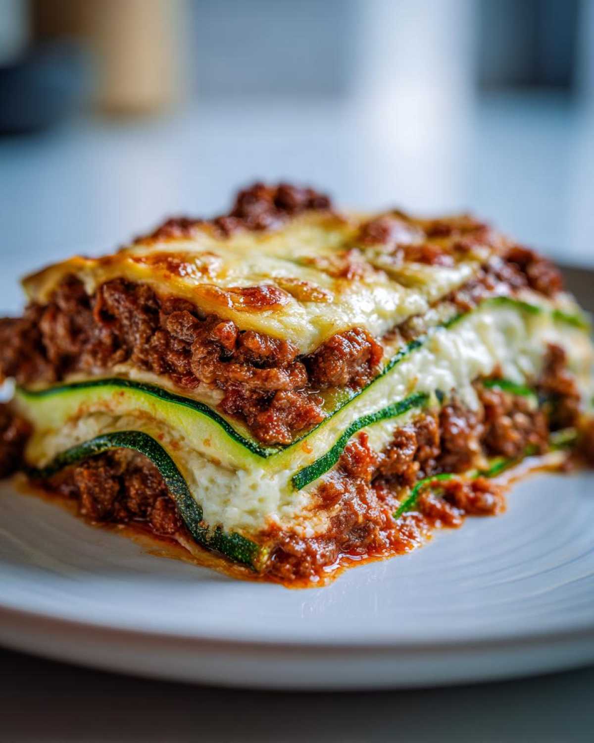 A close-up of a delicious slice of zucchini lasagna layered with meat sauce and melted cheese.