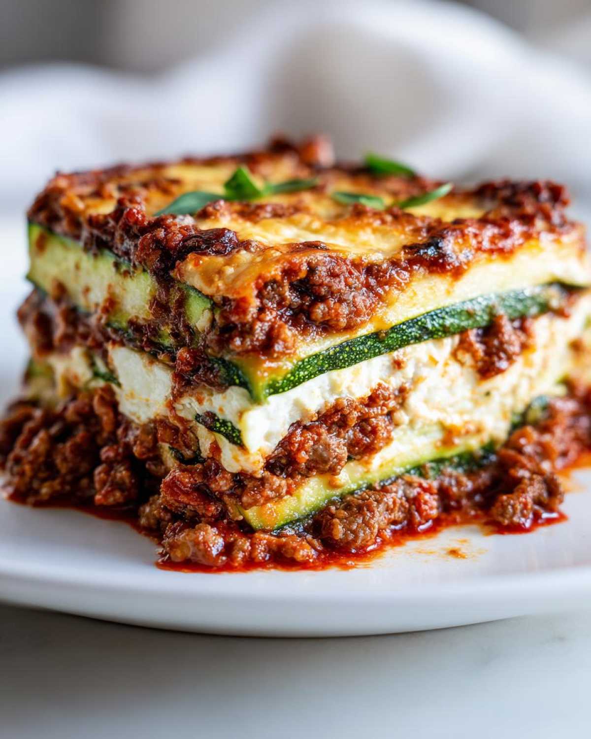 Close-up of a layered slice of zucchini lasagna featuring zucchini noodles, ricotta, and rich meat sauce.