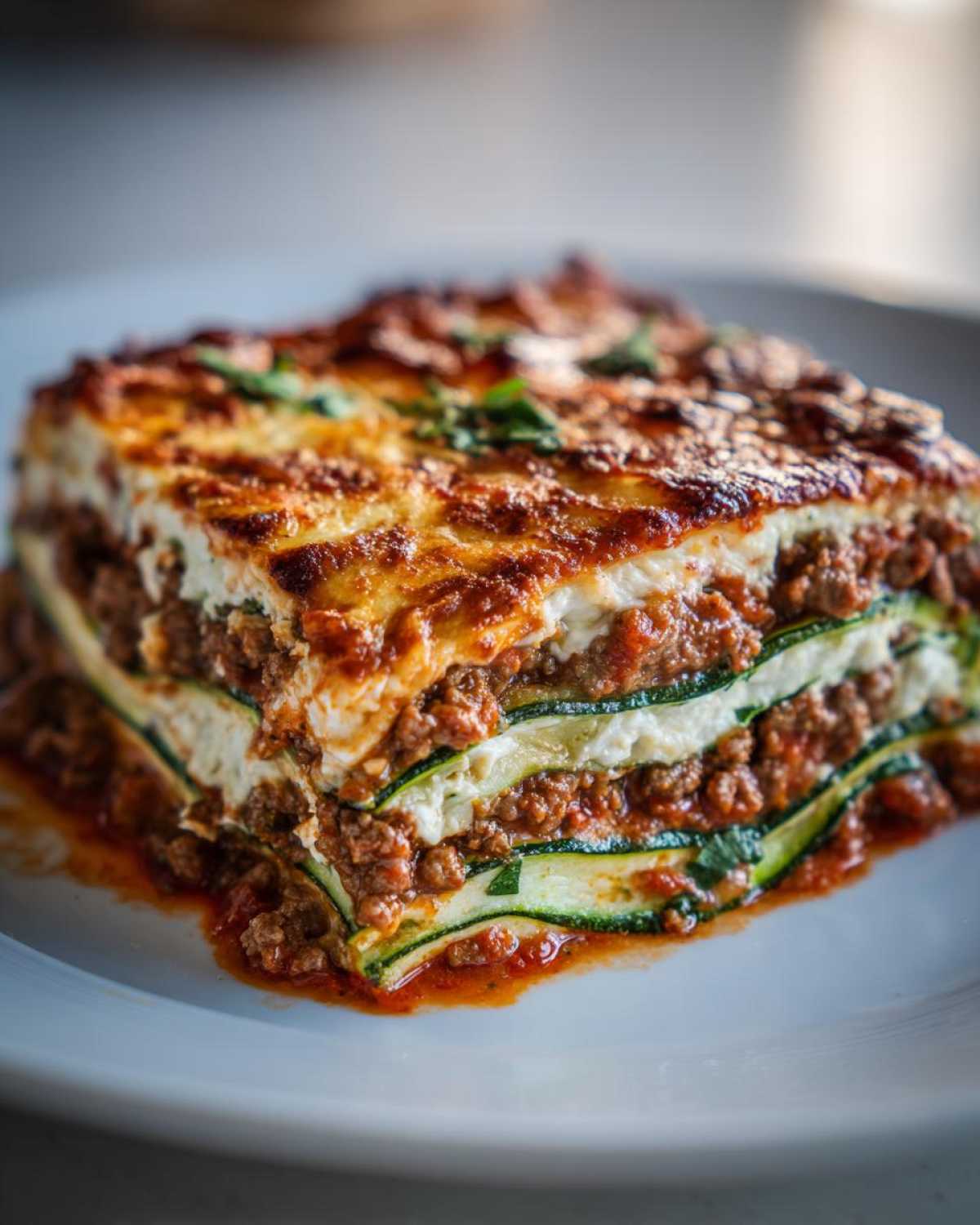 A thick, layered slice of zucchini lasagna featuring meat sauce, ricotta, and browned cheese topping.