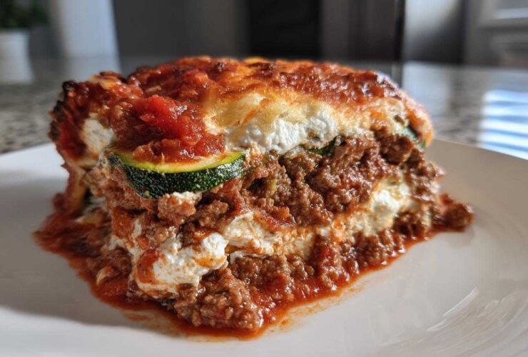 A thick, layered slice of zucchini lasagna featuring meat sauce, ricotta cheese, and a visible zucchini noodle layer.