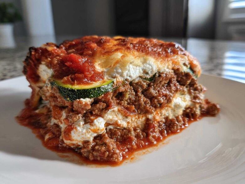 A thick, layered slice of zucchini lasagna featuring meat sauce, ricotta cheese, and a visible zucchini noodle layer.