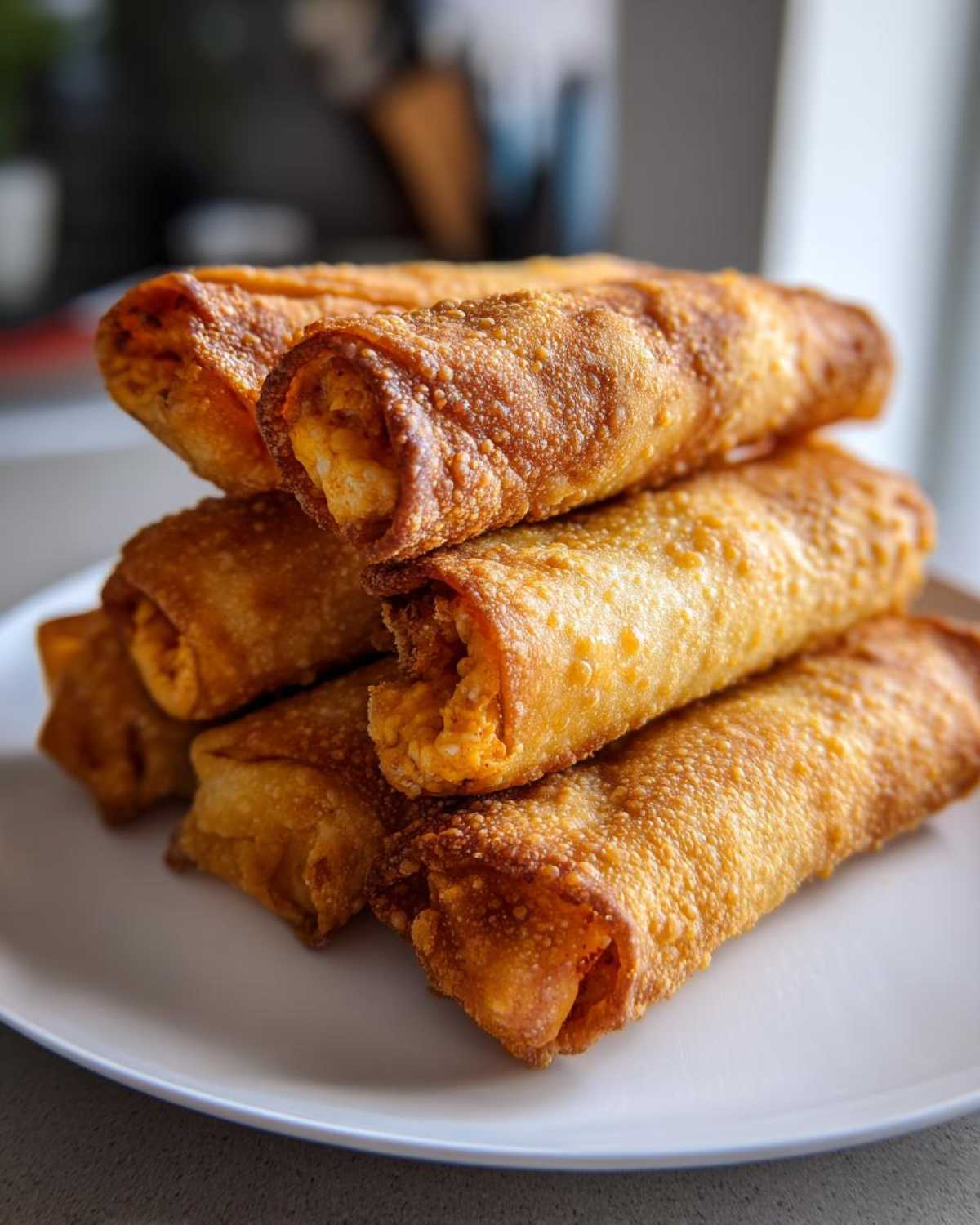 A stack of golden brown, crispy Air Fryer Crispy Buffalo Chicken Taquitos piled on a white plate.