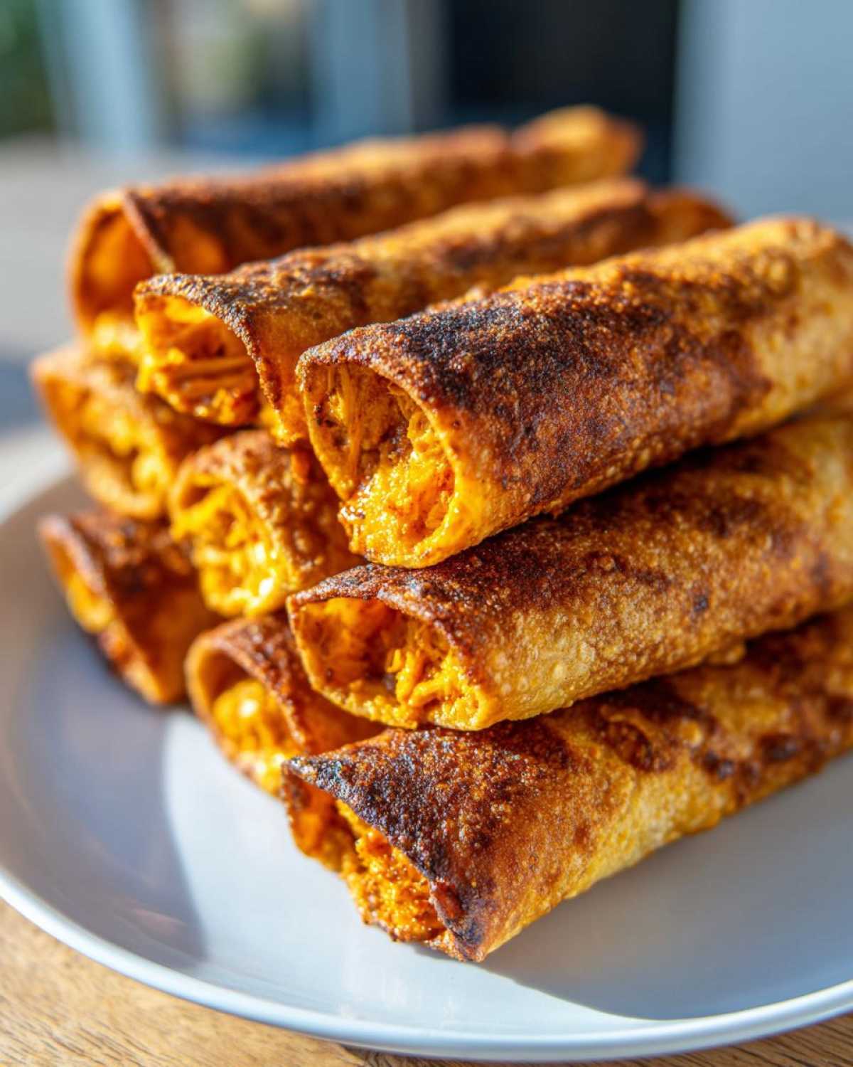 A stack of golden brown, crispy Air Fryer Crispy Buffalo Chicken Taquitos piled high on a white plate.