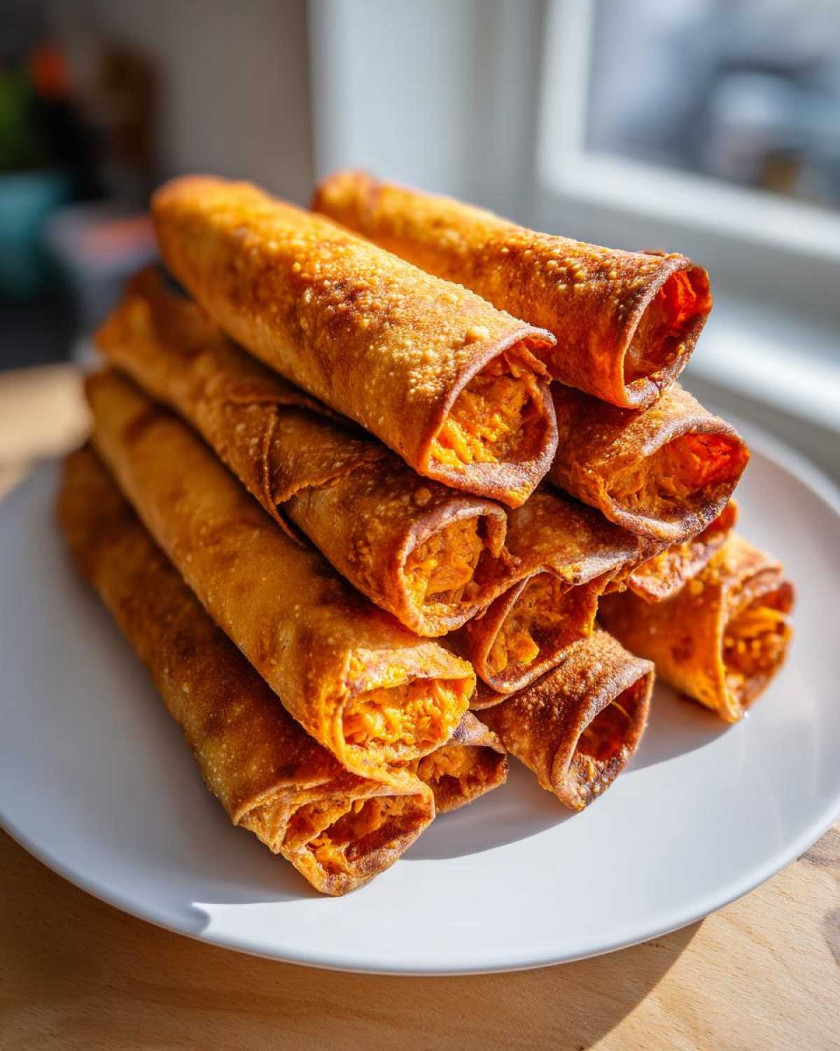 A stack of golden brown Air Fryer Crispy Buffalo Chicken Taquitos piled high on a white plate.