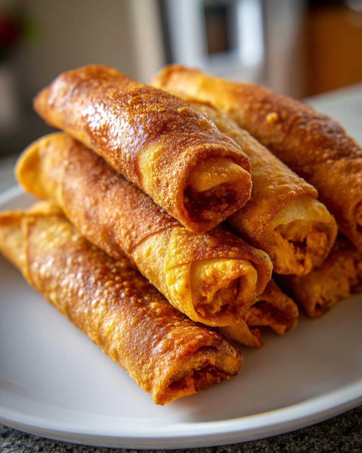 Close-up of several golden brown, crispy Air Fryer Buffalo Chicken Taquitos stacked on a white plate.