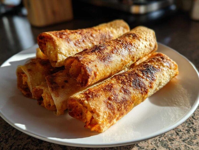 A stack of golden brown, crispy Air Fryer Buffalo Chicken Taquitos served on a white plate.
