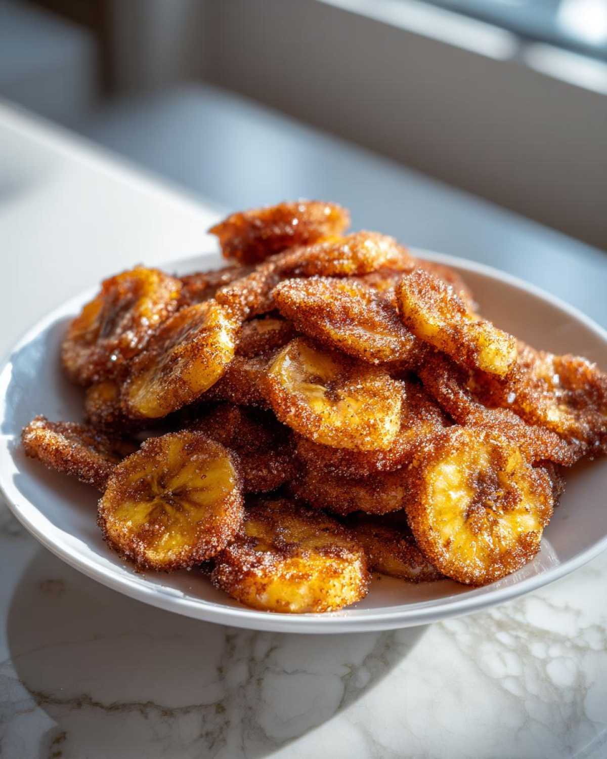 A white bowl piled high with Air Fryer Crispy Cinnamon Sugar Banana Chips, glistening under natural light.