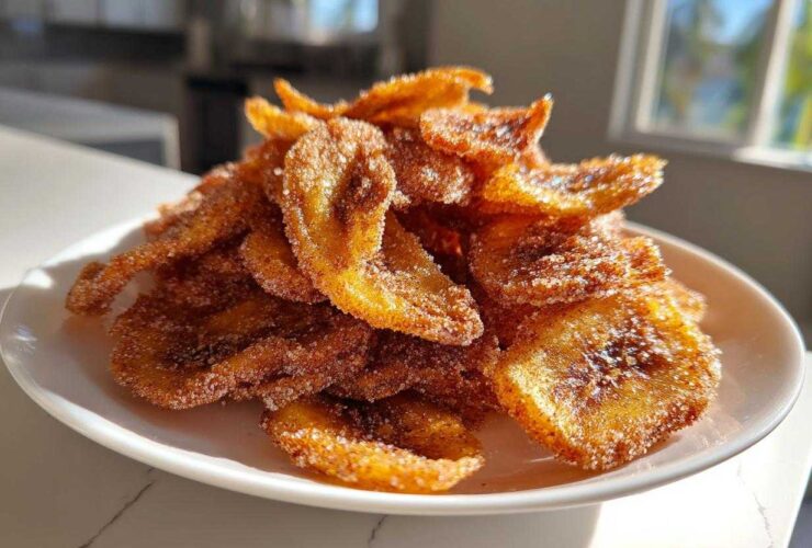 A pile of golden brown Air Fryer Crispy Cinnamon Sugar Banana Chips dusted heavily with sugar on a white plate.