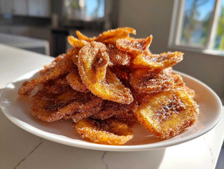 A pile of golden brown Air Fryer Crispy Cinnamon Sugar Banana Chips dusted heavily with sugar on a white plate.