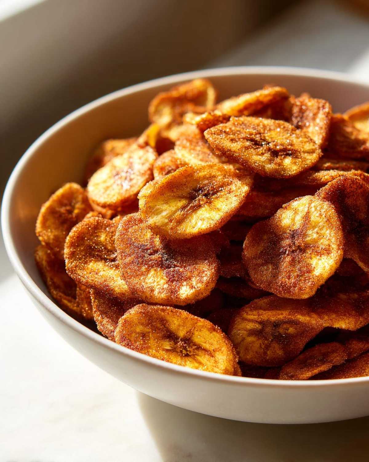 A white bowl filled with golden brown Air Fryer Crispy Cinnamon Sugar Banana Chips, dusted heavily with cinnamon sugar.