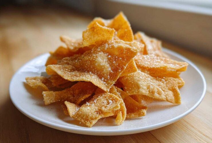 A pile of golden brown, crispy Air Fryer Crispy Tortilla Strips dusted heavily with cinnamon sugar on a white plate.