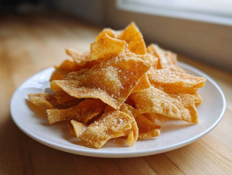 A pile of golden brown, crispy Air Fryer Crispy Tortilla Strips dusted heavily with cinnamon sugar on a white plate.