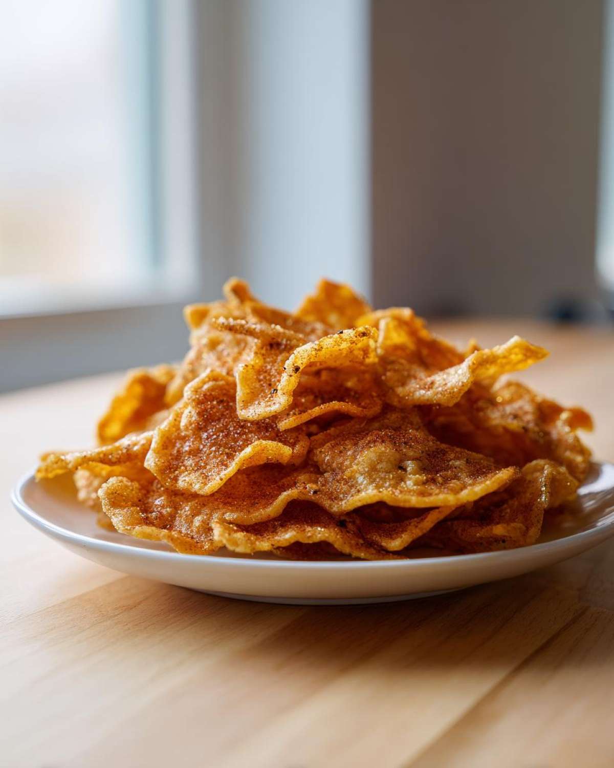A close-up of a white plate piled high with golden brown Air Fryer Crispy Tortilla Strips seasoned with spices.